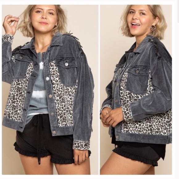 POL Jackets & Blazers - POL “Switch It Up” Corduroy Jacket Black Leopard Distressed Large Oversized